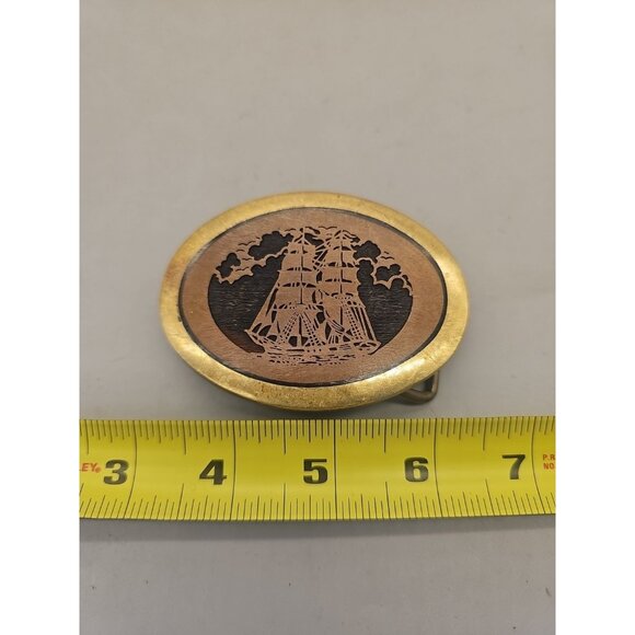 Vintage Solid Brass Belt Buckle Inlaid Wood Boat Ship Nautical - Picture 1 of 4